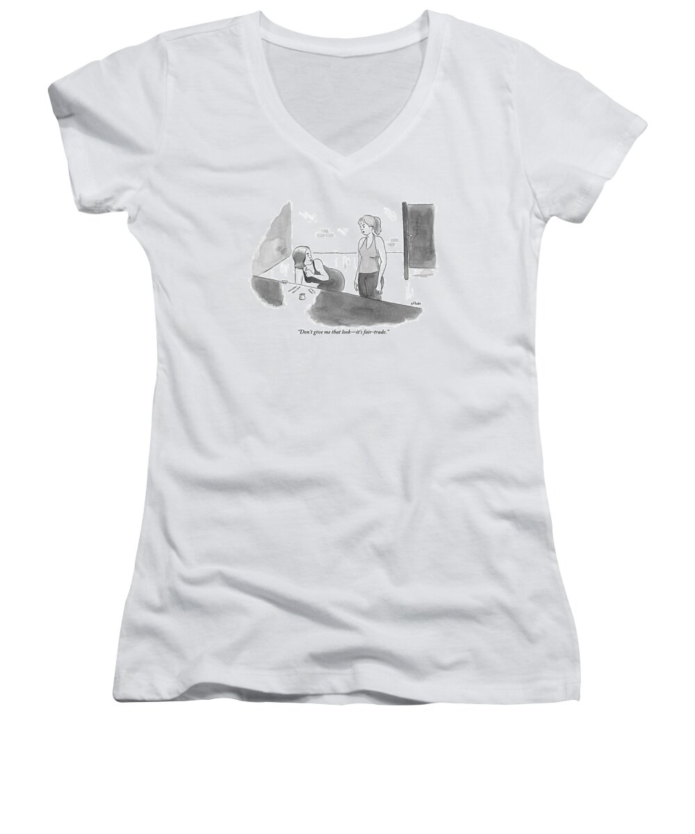 Coffee Women's V-Neck featuring the drawing A Woman Snorting Cocaine Is Speaking To A Woman by Emily Flake