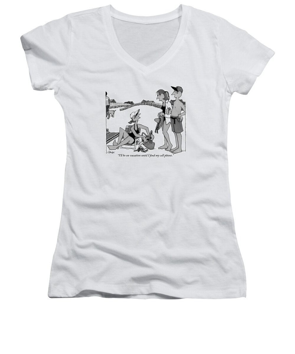 Vacations Women's V-Neck featuring the drawing A Woman Talks To Two Of Her Friends On The Beach by William Haefeli