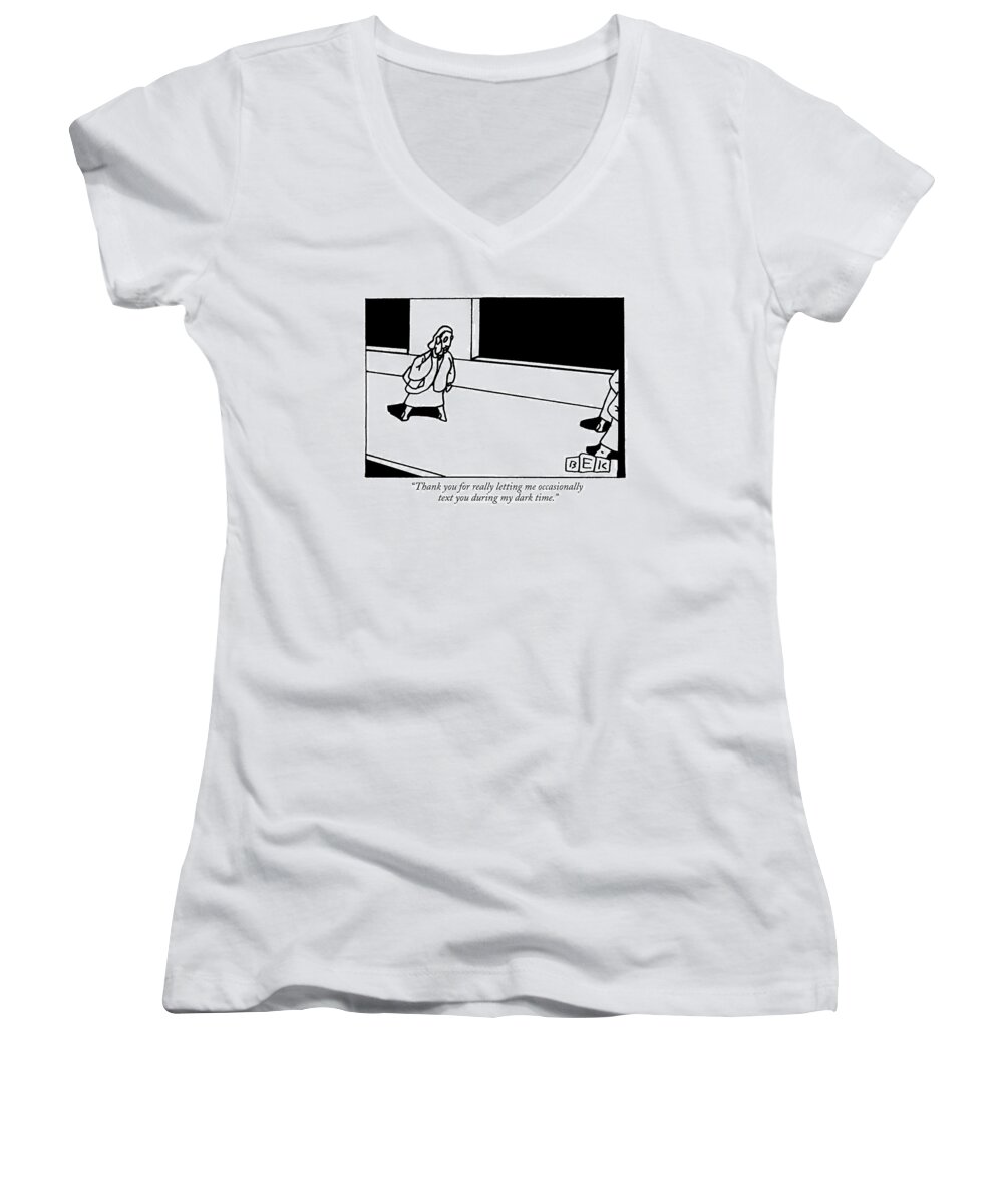 Phone Women's V-Neck featuring the drawing A Woman Walks Down The Street While Talking by Bruce Eric Kaplan