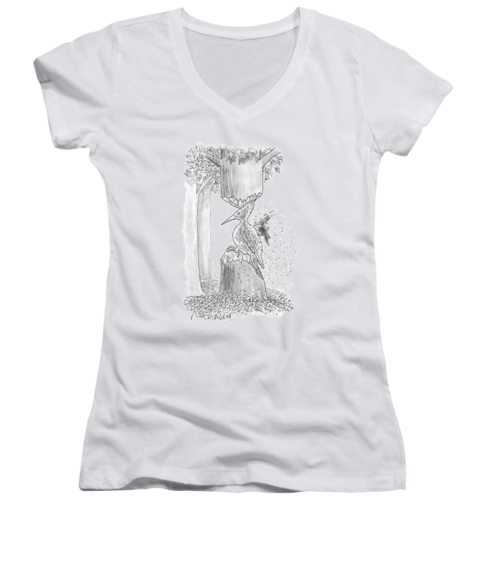 Trees Women's V-Neck featuring the drawing A Woodpecker Is Using His Beak To Carve Is Own by Mort Gerberg