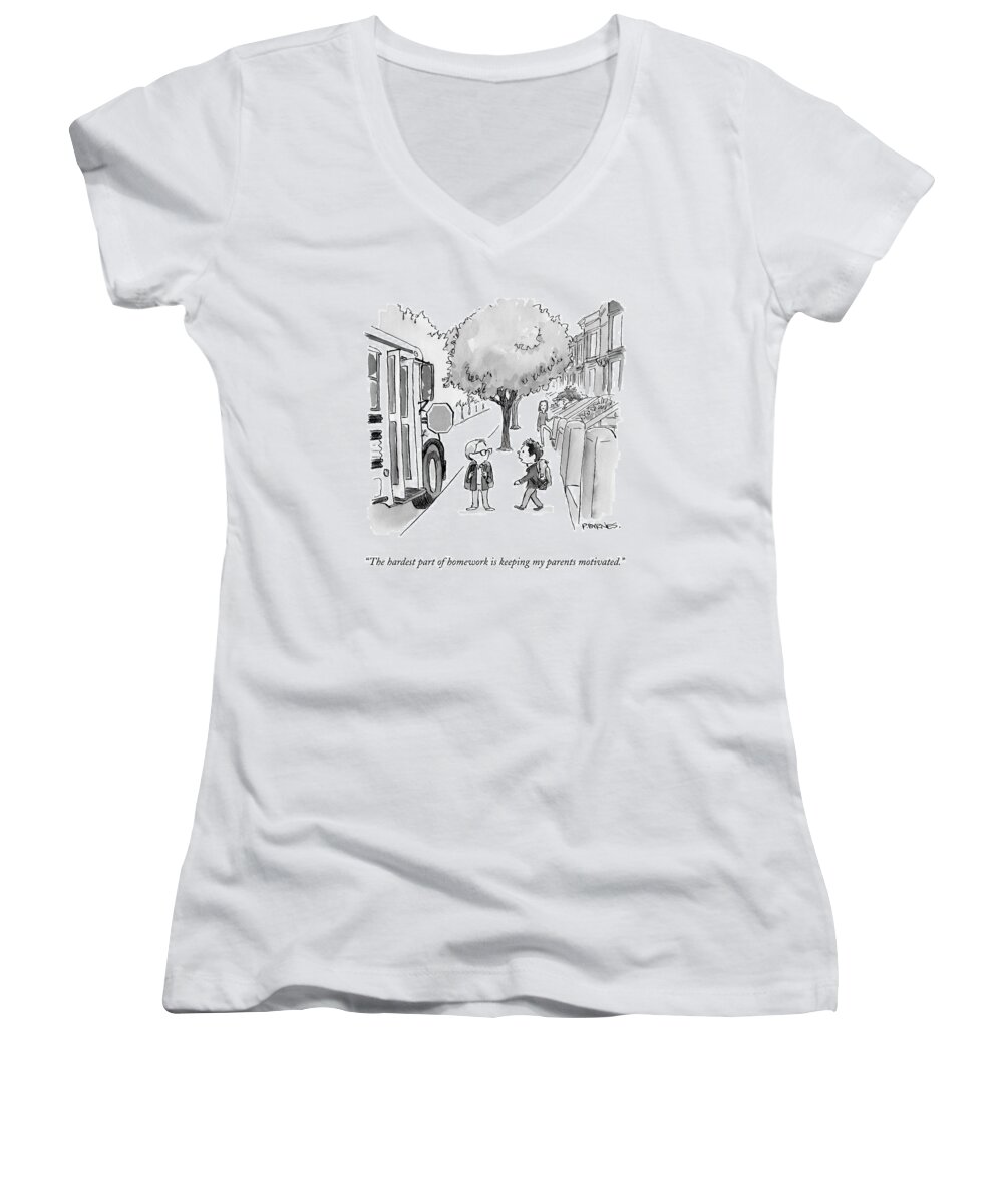 Homework Women's V-Neck featuring the drawing A Young Boy Talks To His Friend As They Board by Pat Byrnes