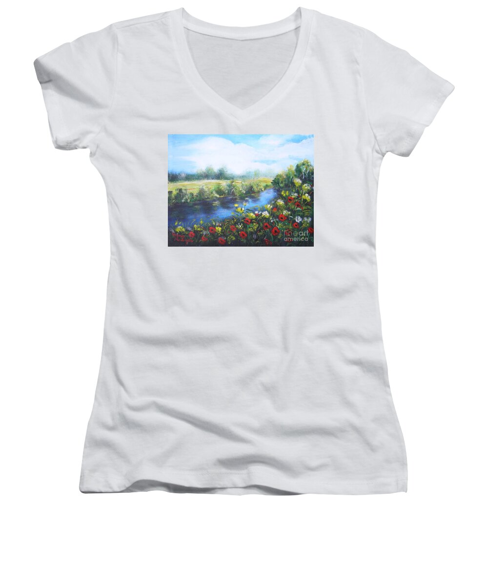 Valley Women's V-Neck featuring the painting Along the poppy valley by Vesna Martinjak