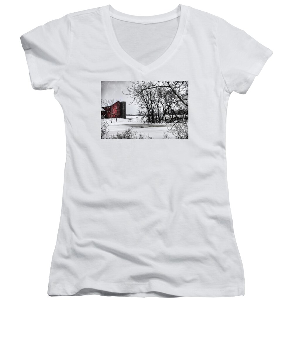 Evie Women's V-Neck featuring the photograph Alpine Barn Michigan by Evie Carrier