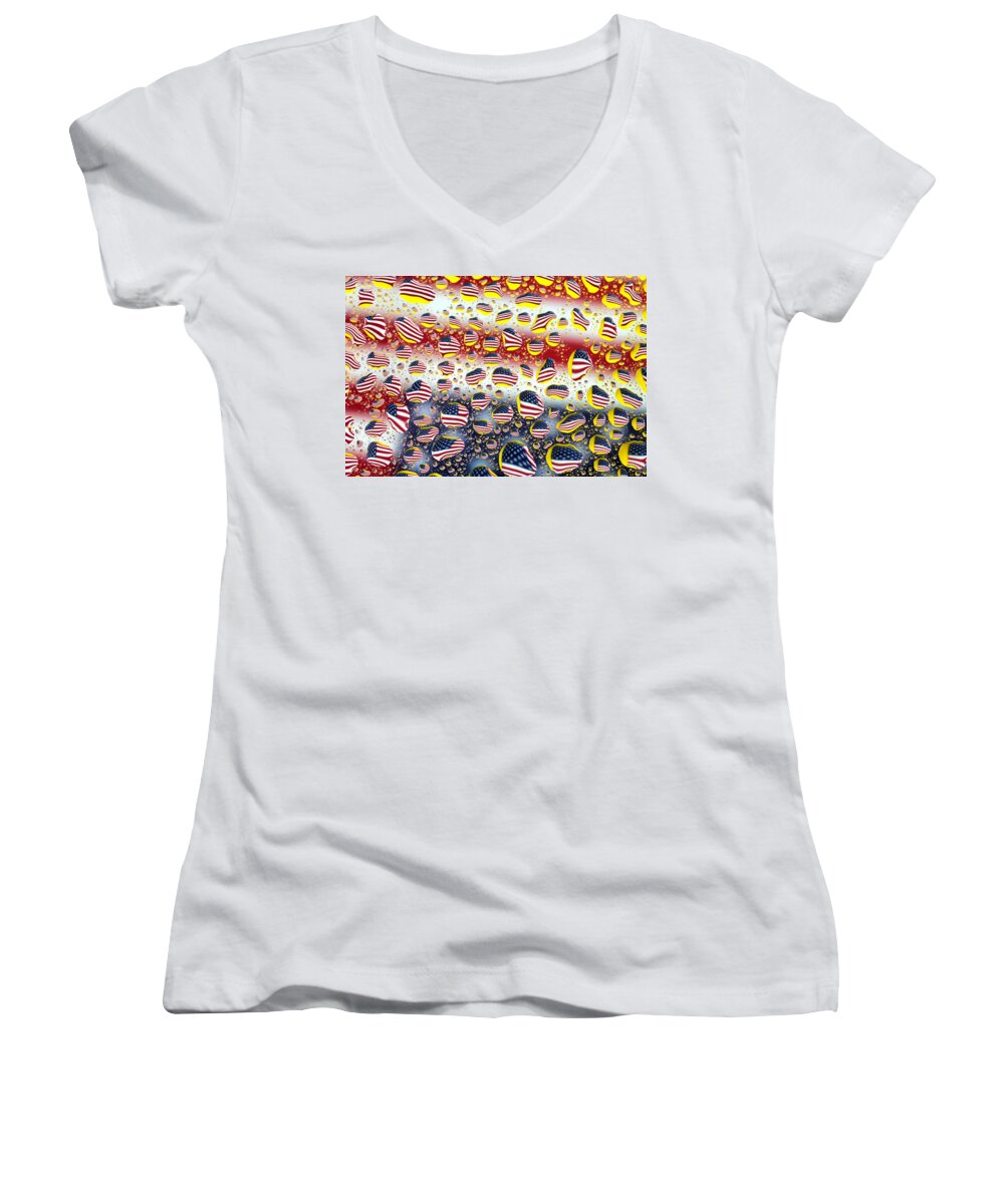 American Women's V-Neck featuring the painting American flag in water drops by Paul Ge