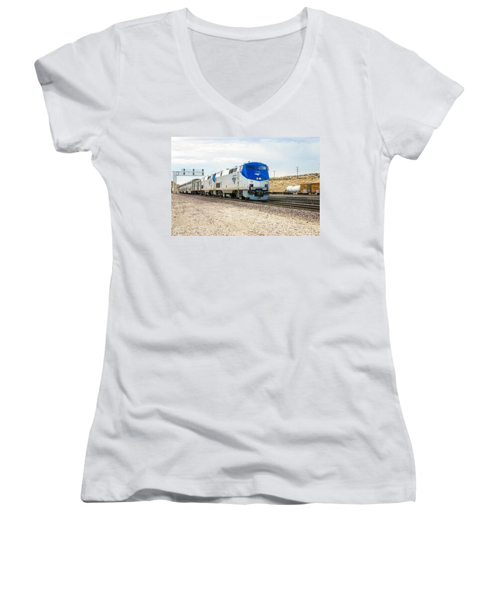 Amtrak Women's V-Neck featuring the photograph Amtrak by Jim Thompson