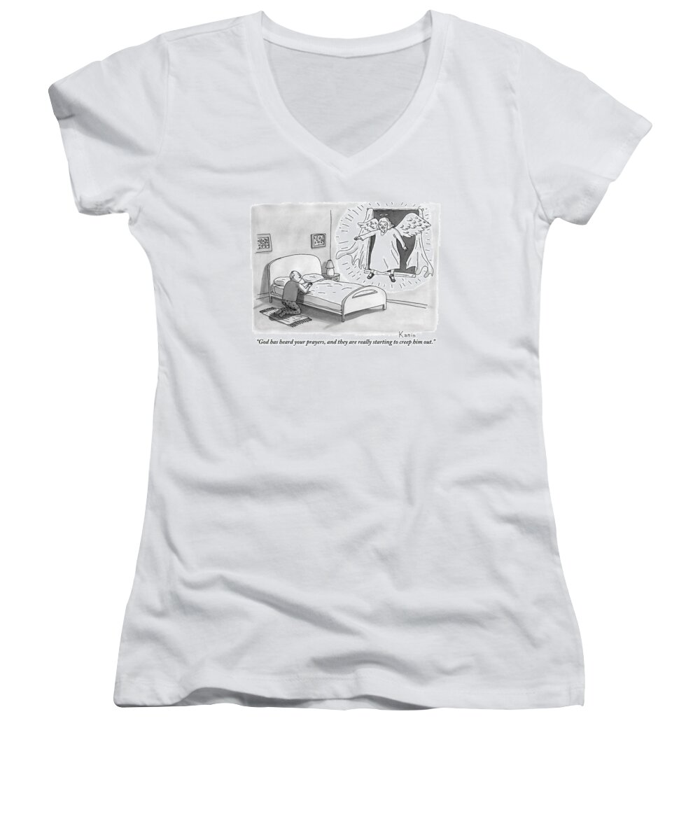 Angel Women's V-Neck featuring the drawing An Angel Is Hovering In The Window Of A Man by Zachary Kanin