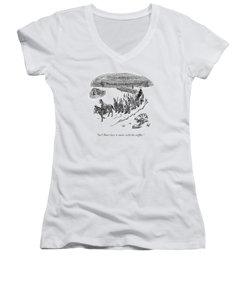 Sniffles Women's V-Neck featuring the drawing An Army Of Napoleonic Soldiers Walk Home Though by Frank Cotham