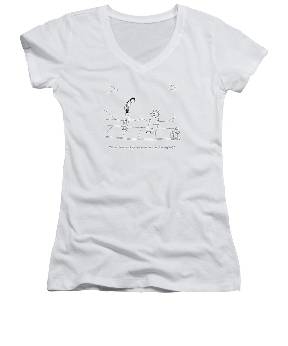 Alien Women's V-Neck featuring the drawing An Extraterrestrial Speaks To A Woman by Liana Finck