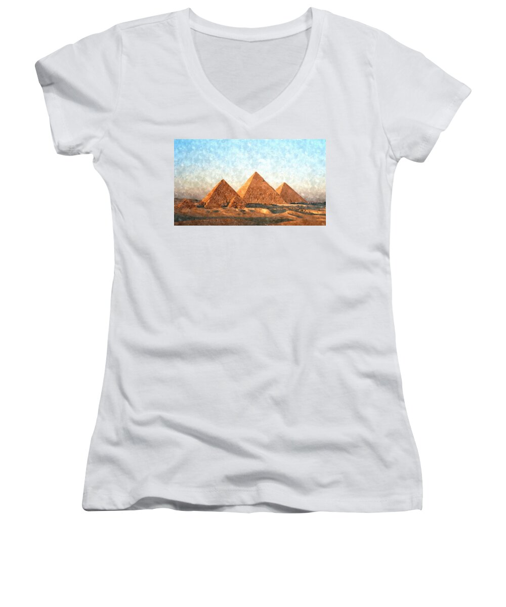 Ancient Women's V-Neck featuring the painting Ancient Egypt the Pyramids at Giza by Gianfranco Weiss