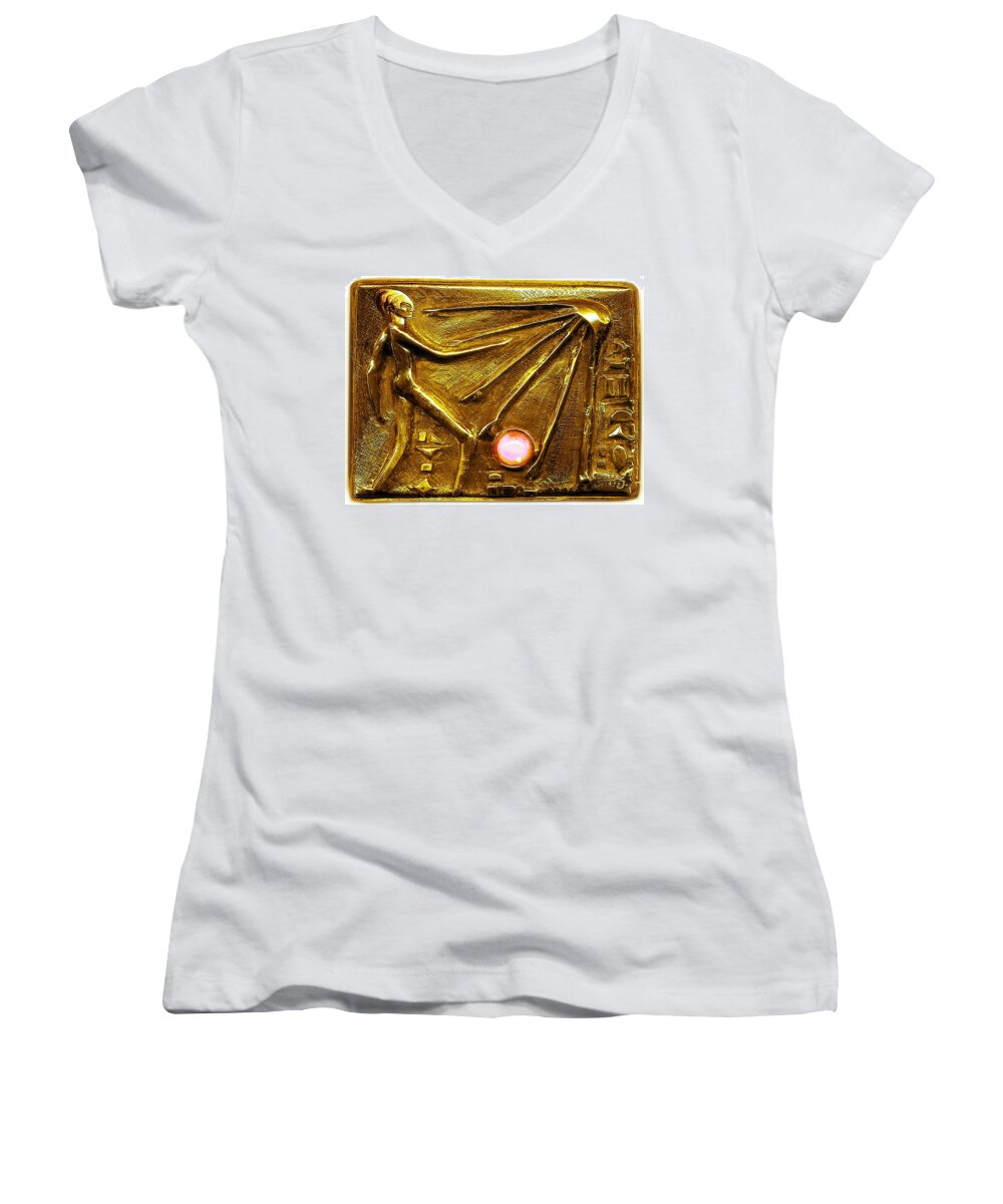 Relief Women's V-Neck featuring the relief Sun God Worship by Hartmut Jager