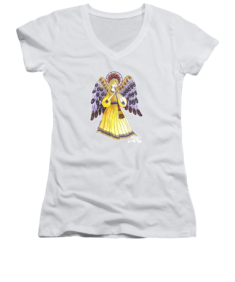 Angel Women's V-Neck featuring the mixed media Angel in Horns Section by Art MacKay