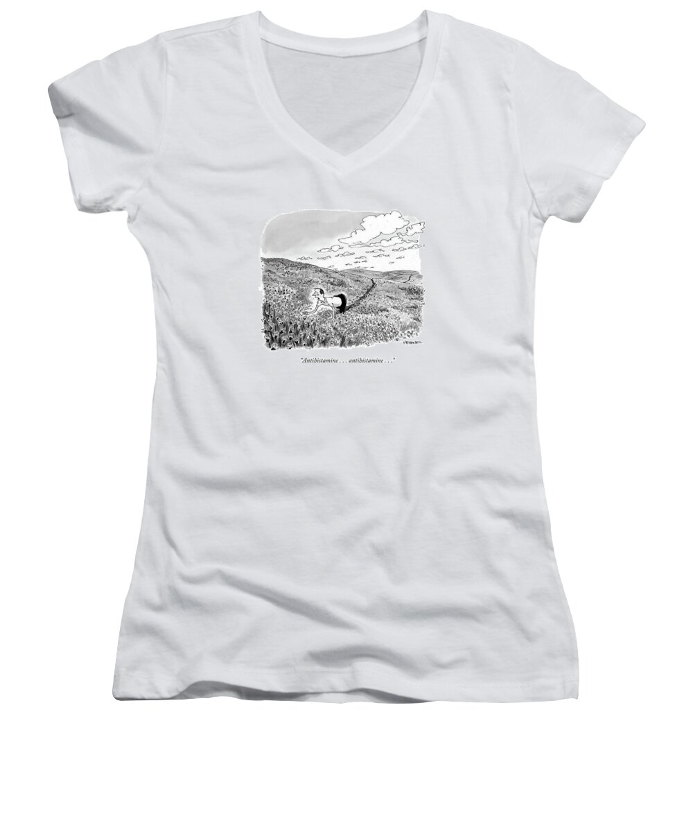 Allergies Women's V-Neck featuring the drawing Antihistamine . . . Antihistamine . . .
 by Pat Byrnes