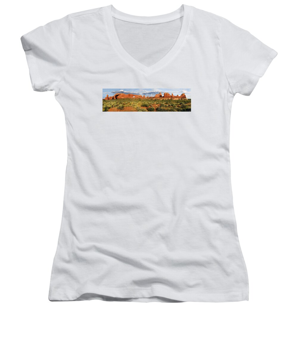 Turret Arch Women's V-Neck featuring the photograph Arches National Park Panorama by Dave Mills