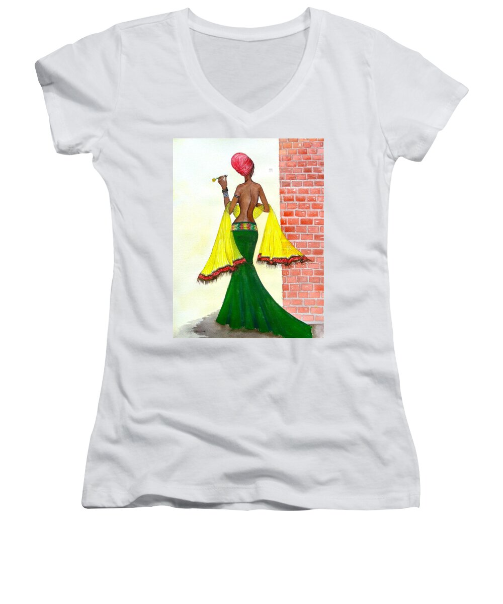 African Paintings Women's V-Neck featuring the painting Around the Corner by Mahlet