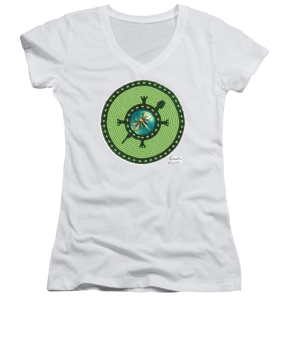 Dragonfly Women's V-Neck featuring the digital art Ashlee's Dragonfly Turtle by Douglas Limon
