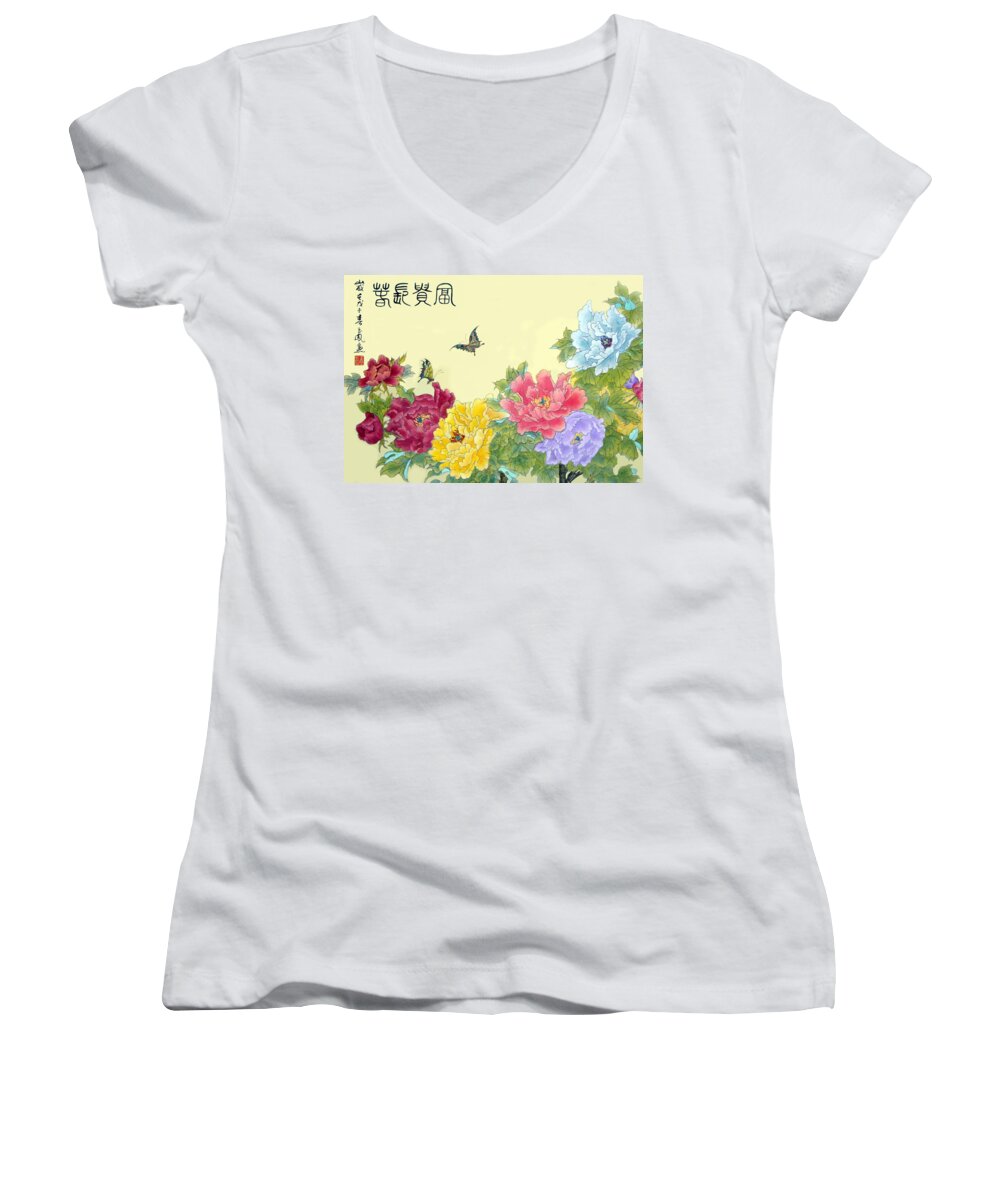Peonies Women's V-Neck featuring the photograph Auspicious Spring by Yufeng Wang