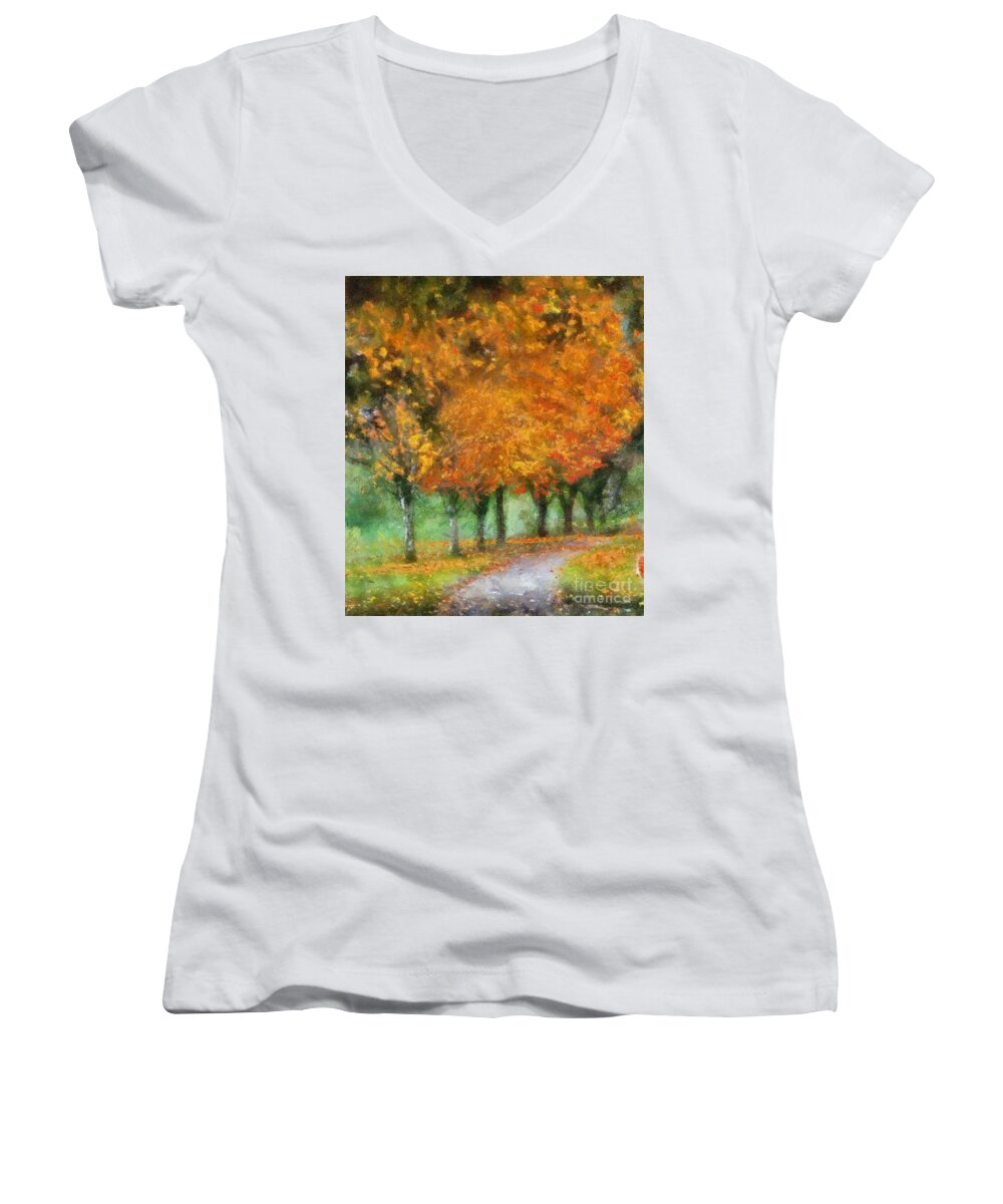 Autumn Women's V-Neck featuring the photograph Autumn Trees by Kerri Farley