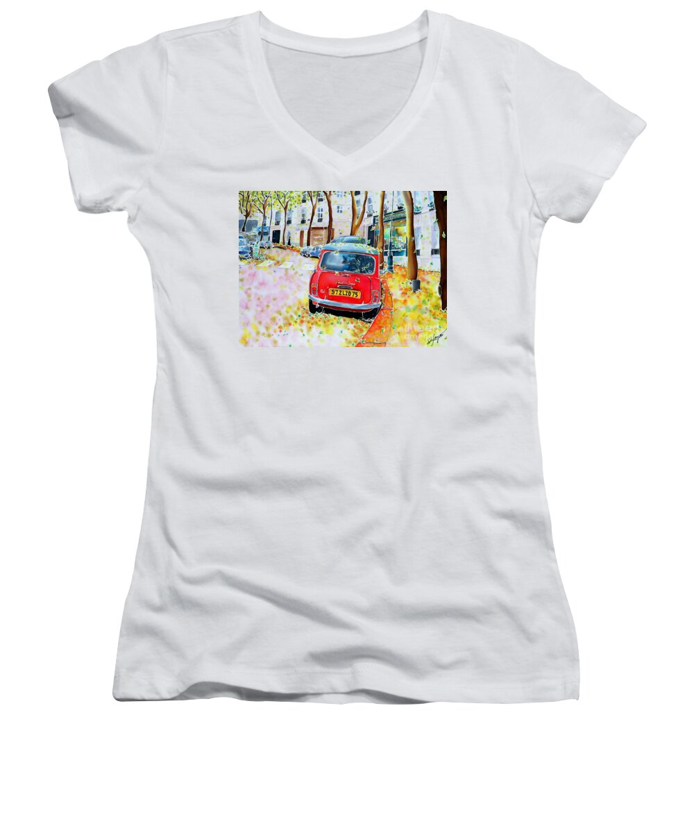 Paris Women's V-Neck featuring the painting Avenue Junot in autumn by Hisayo OHTA