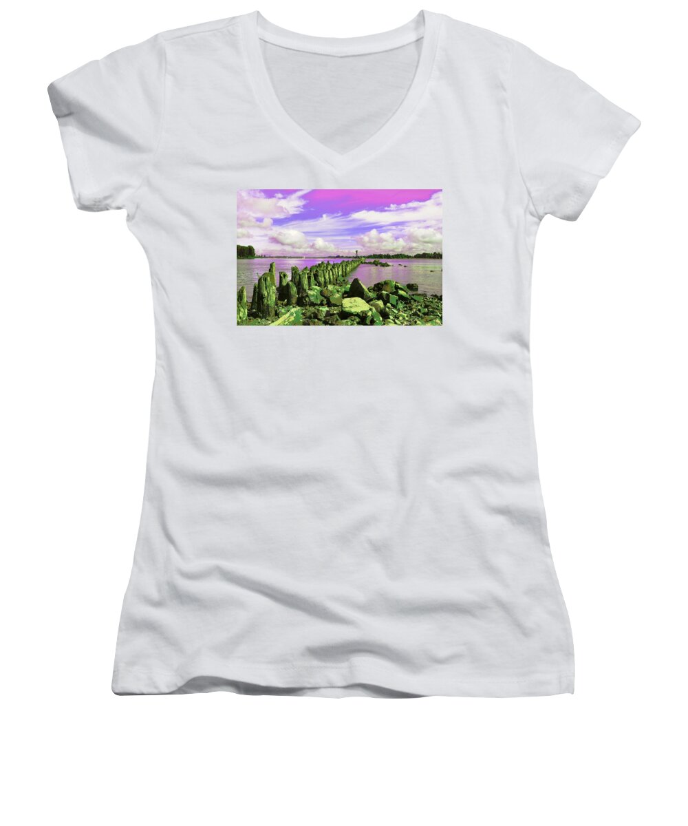 Kelley Point Park Women's V-Neck featuring the photograph Avian Outpost by Laureen Murtha Menzl