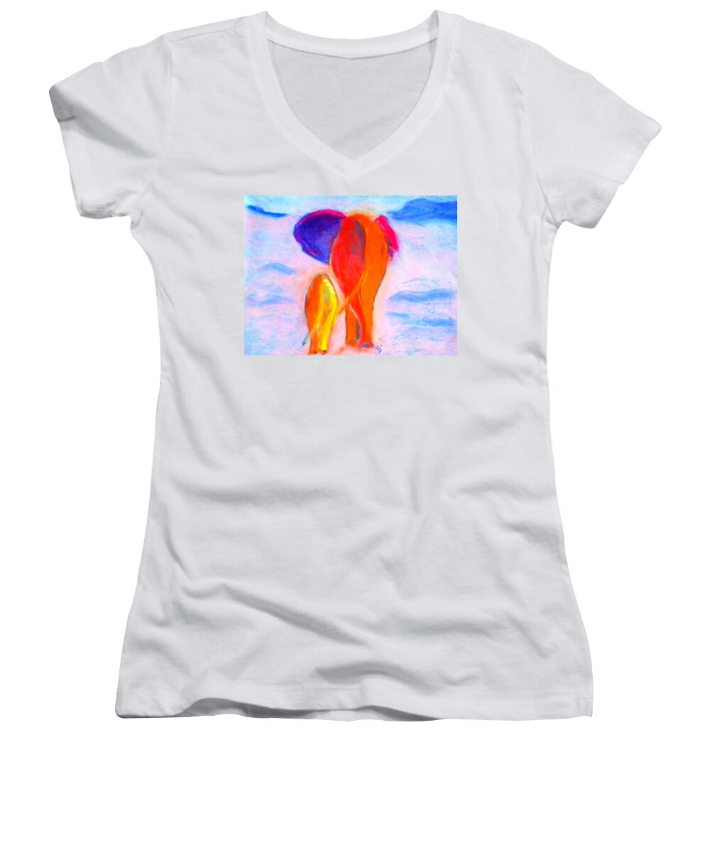 Elephants Women's V-Neck featuring the painting Baby Elephant and Mom by Sue Jacobi