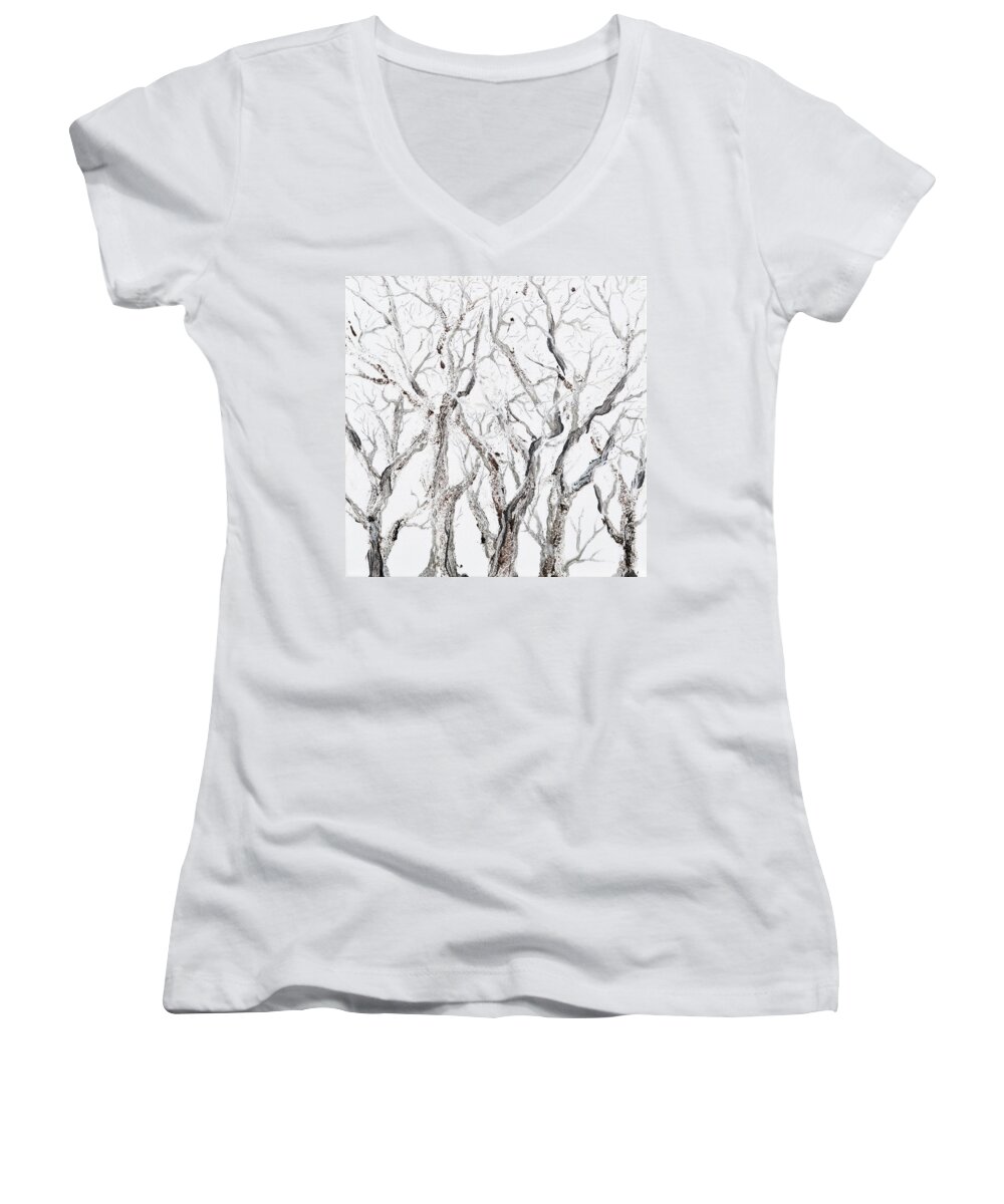 Trees Women's V-Neck featuring the painting Bare Branches by Regina Valluzzi