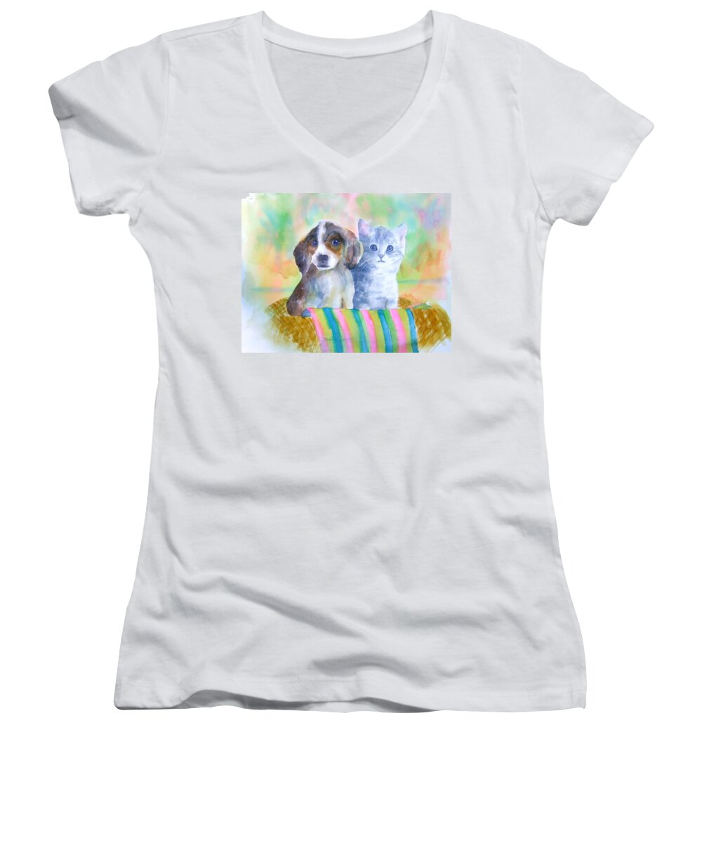 Puppy Women's V-Neck featuring the painting Basket Full of Love by Debbie Lewis