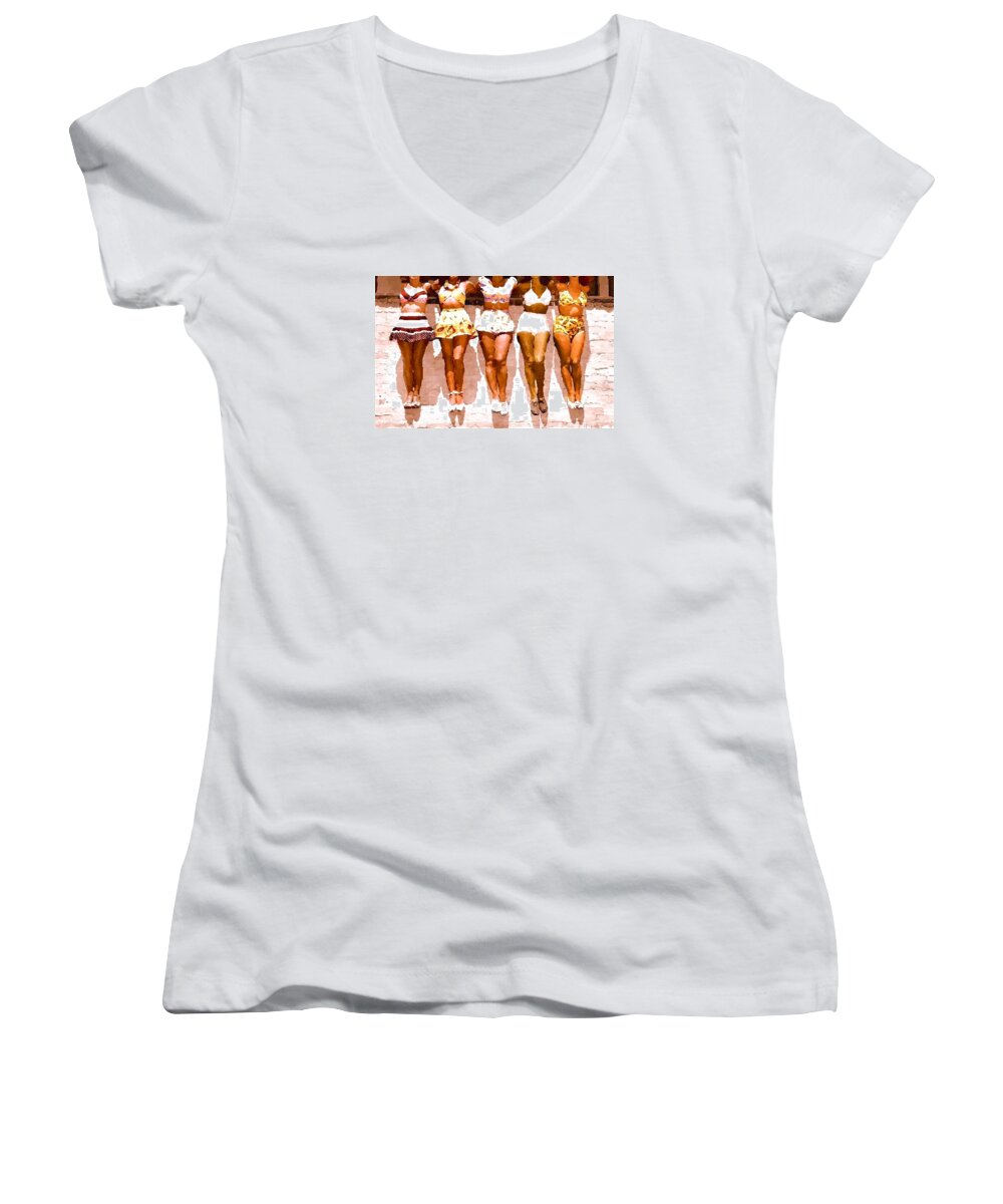 Women Women's V-Neck featuring the painting Bathing Beauties No. 4 by Lelia DeMello
