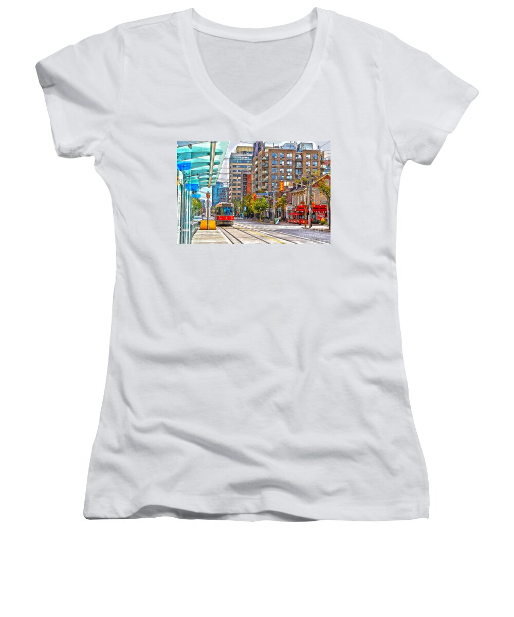 Toronto Women's V-Neck featuring the photograph Bathurst Street Car Coming North to Queen Street by Nina Silver