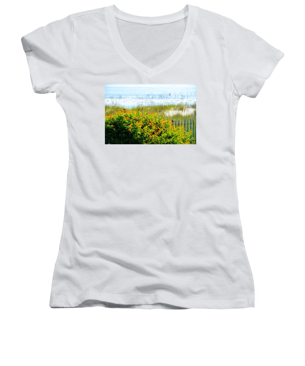 Beach Butterfly Women's V-Neck featuring the photograph Beachy Butterflies by Mary Hahn Ward