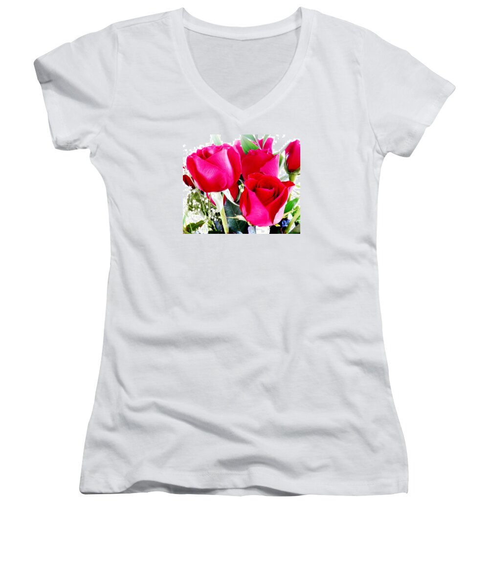 #red #neon #roses #valentines Or #any #time Say #i #love #you Women's V-Neck featuring the photograph Beautiful Neon Red Roses by Belinda Lee