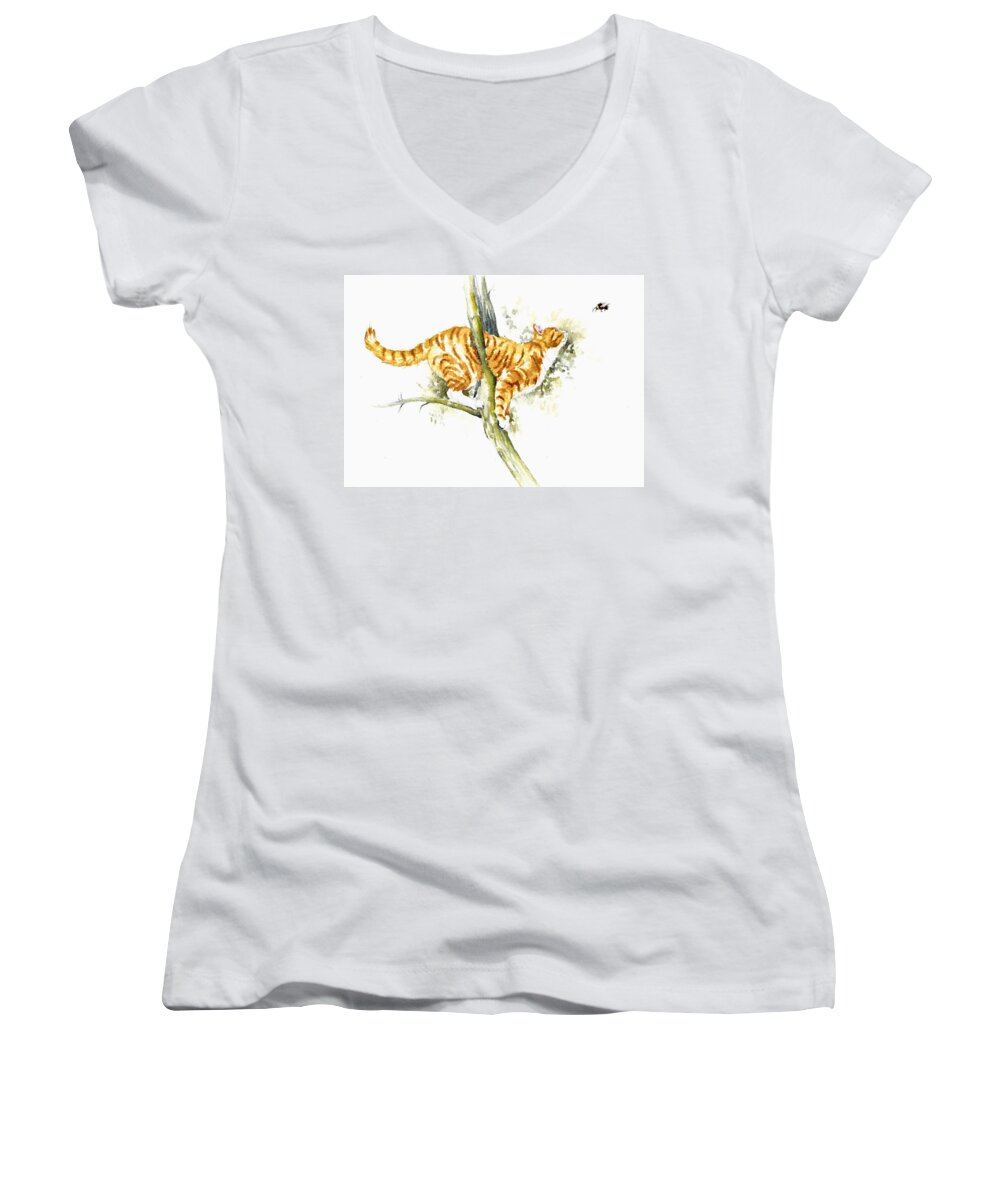 Cat Women's V-Neck featuring the painting Bee High by Debra Hall