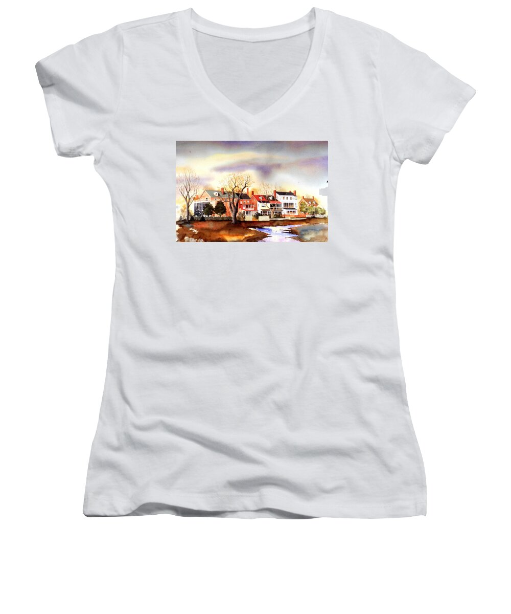 Landscape Women's V-Neck featuring the painting Behind the Strand in New Castle by William Renzulli