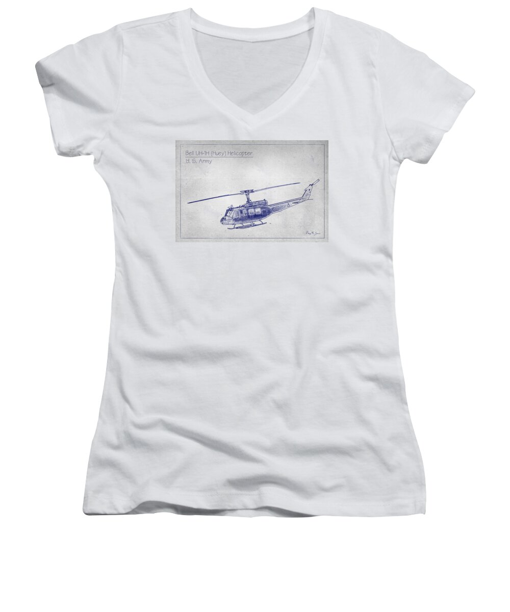 Huey Helicopter Women's V-Neck featuring the photograph Bell UH-1H Huey Helicopter by Barry Jones