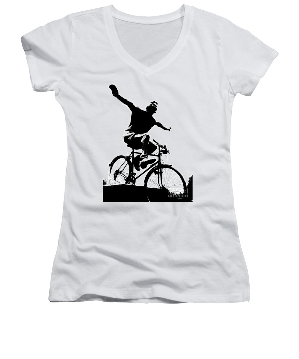 Bicycle Women's V-Neck featuring the mixed media Bicycle - Black and White pixels by Daliana Pacuraru