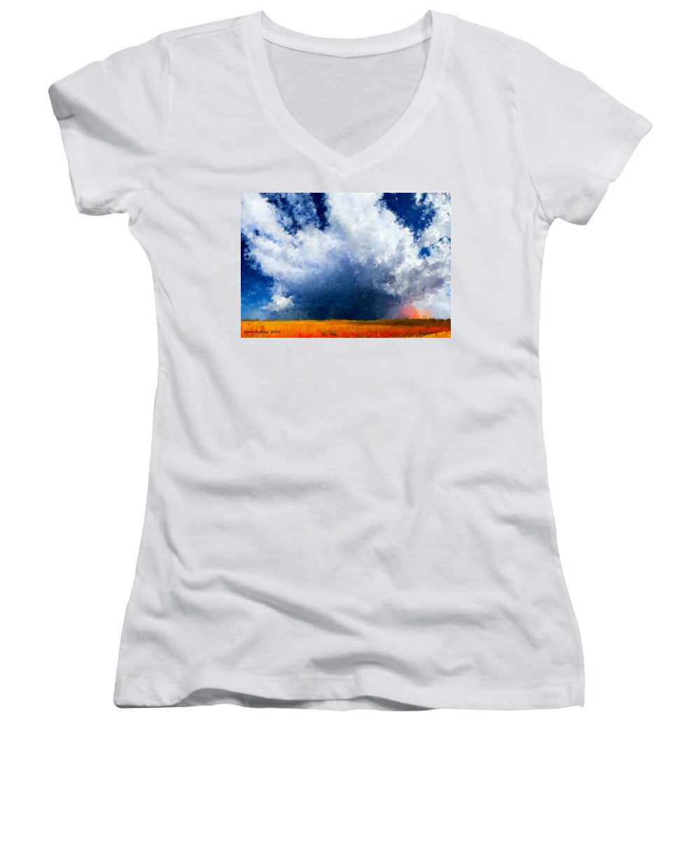 Cloud Women's V-Neck featuring the painting Big Cloud in a Field by Bruce Nutting