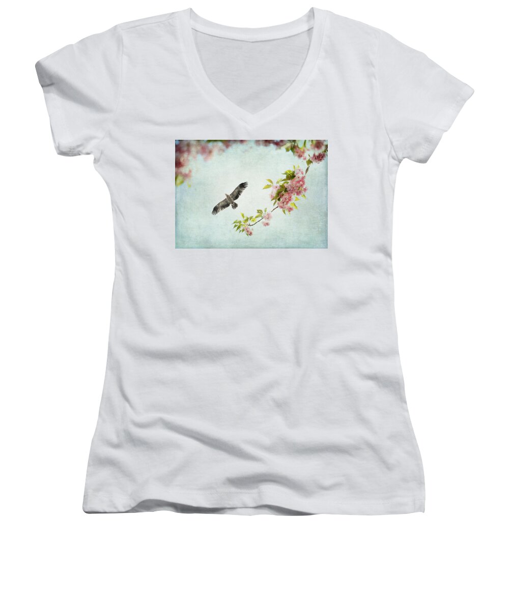 Pastel Women's V-Neck featuring the photograph Bird and Pink and Green Flowering Branch on Blue by Brooke T Ryan