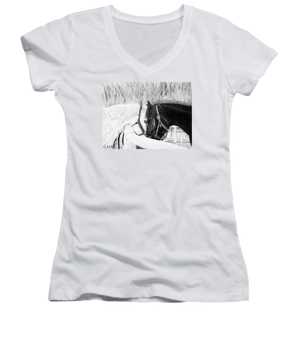 Black Horse Women's V-Neck featuring the painting Black And White Horses Art Print by William Cain