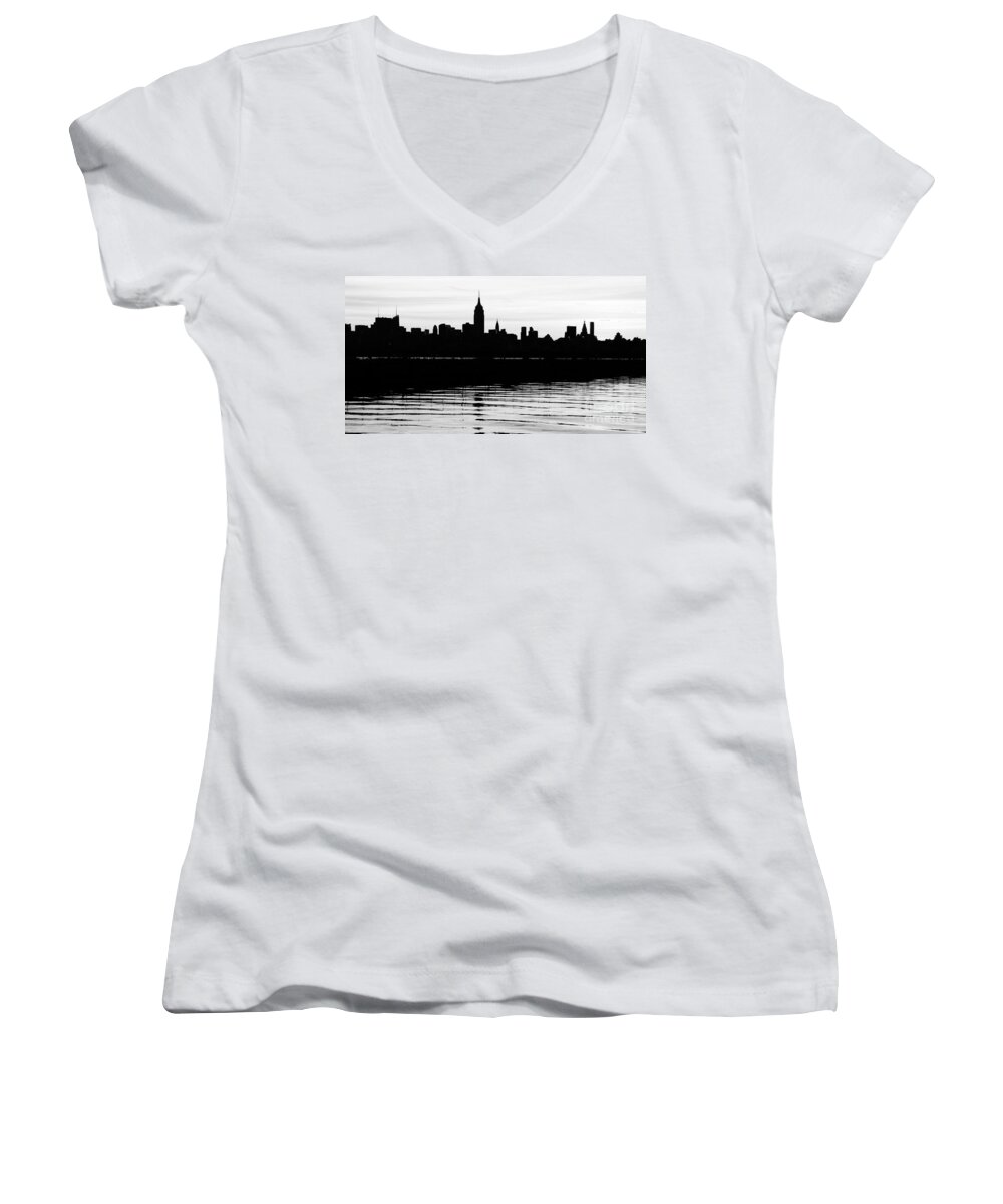 Black And White Women's V-Neck featuring the photograph Black and White NYC Morning Reflections by Lilliana Mendez