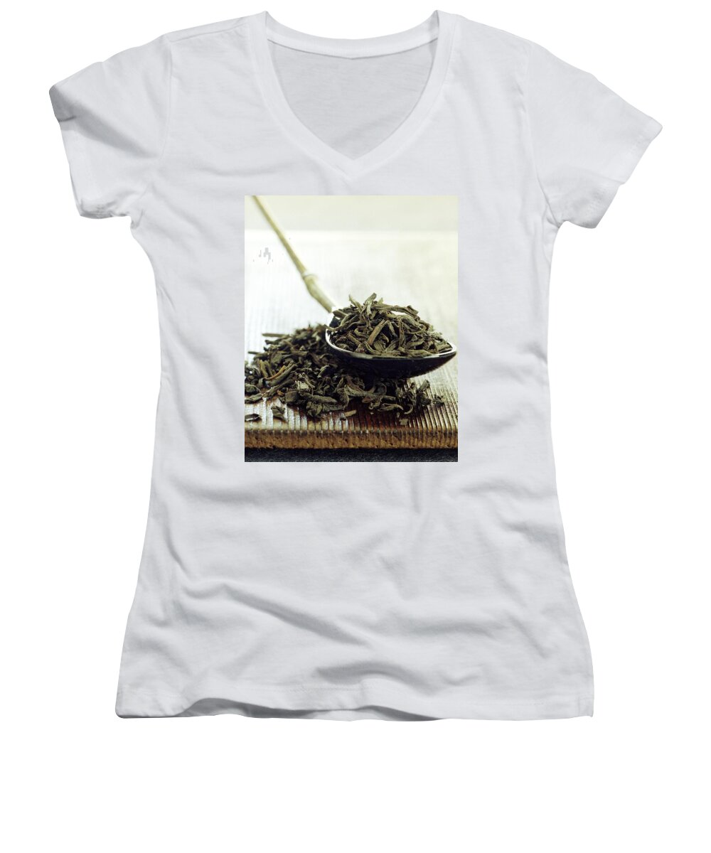 Beverage Women's V-Neck featuring the photograph Black Tea Leaves by Romulo Yanes