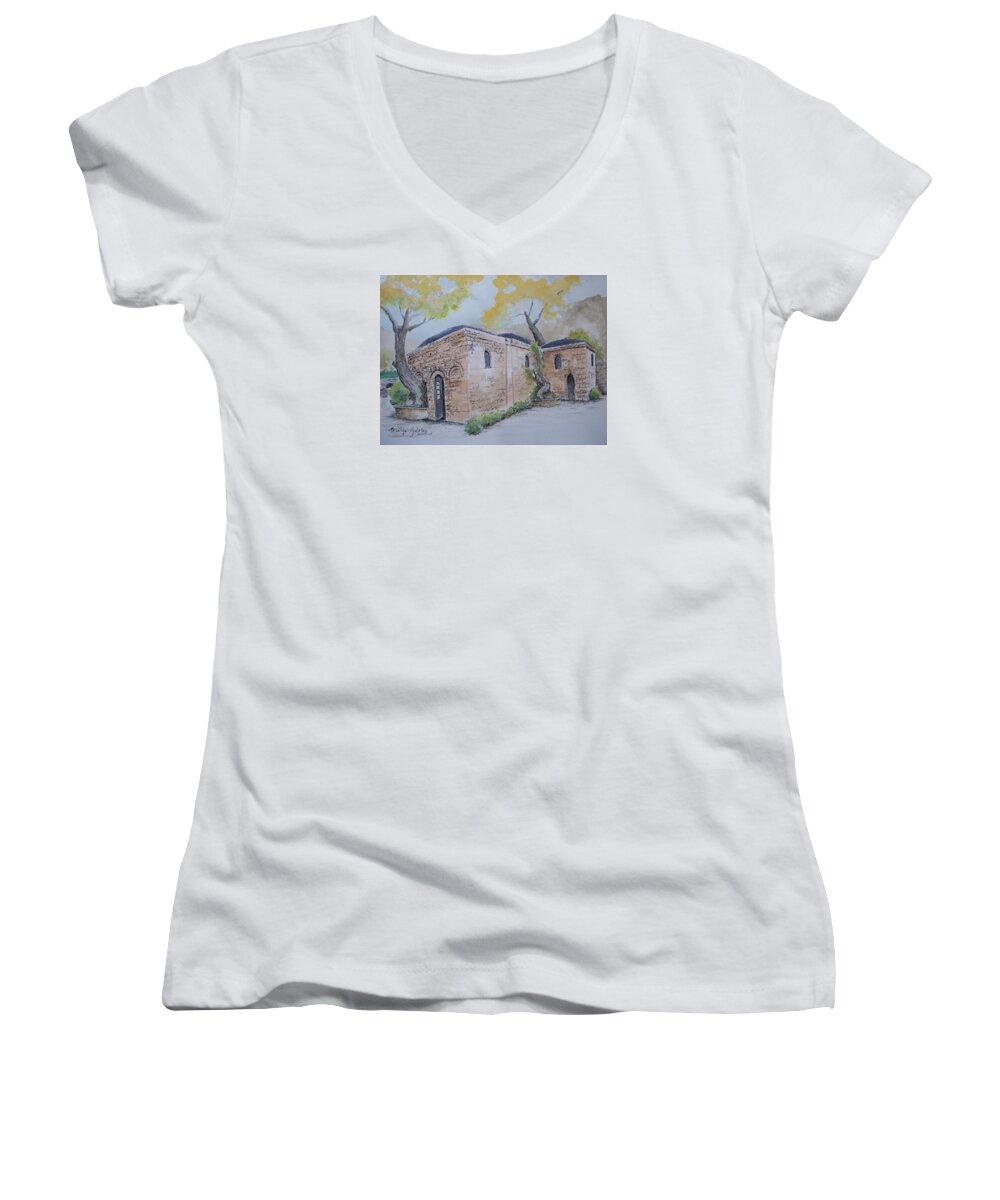 Ephesus Women's V-Neck featuring the painting Blessed Mother's Home by Marilyn Zalatan