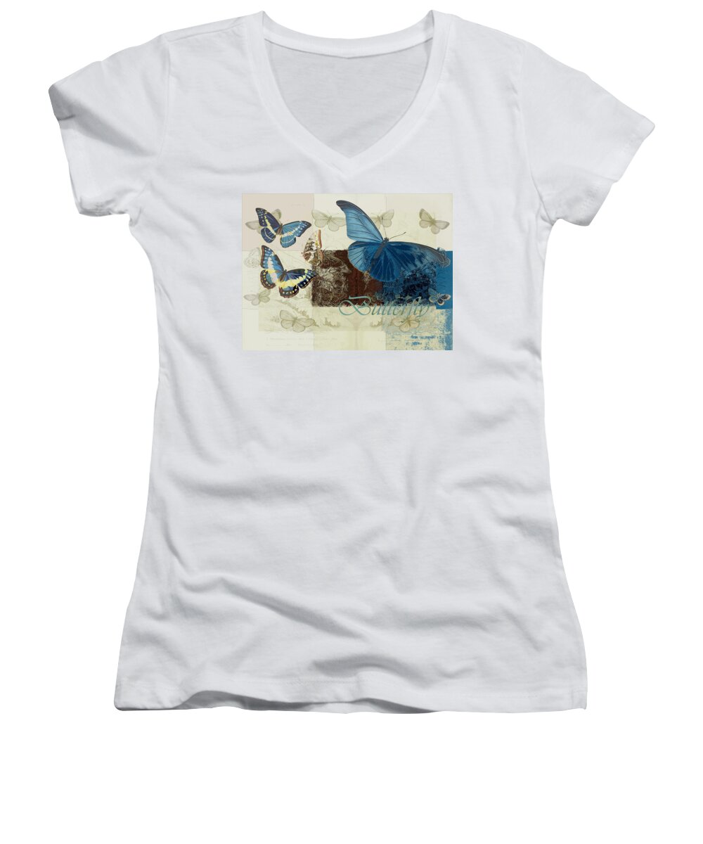 Butterfly Women's V-Neck featuring the digital art Blue Butterfly - j152164152-01 by Variance Collections