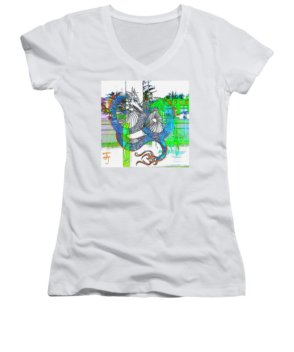 Blue Women's V-Neck featuring the photograph Blue Dragon by Kelly Awad