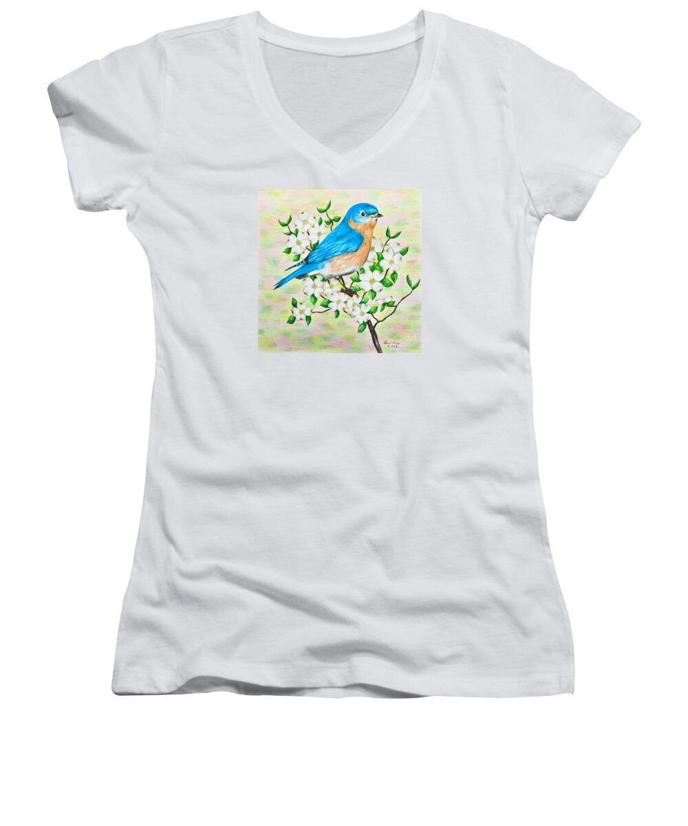 Color Pencil Women's V-Neck featuring the drawing Bluebird and Dogwood by Lena Auxier