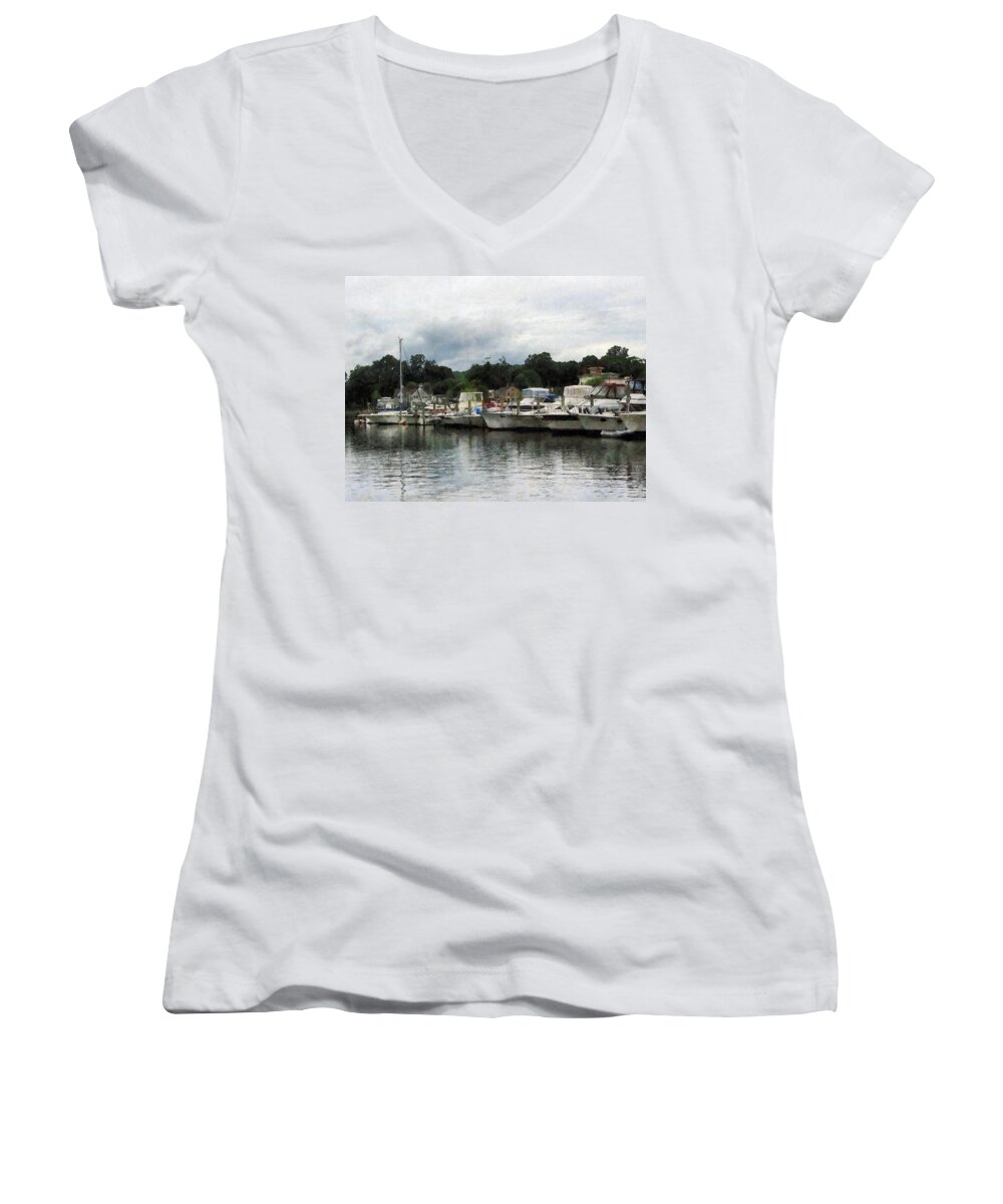 Boat Women's V-Neck featuring the photograph Boats on a Cloudy Day Essex CT by Susan Savad