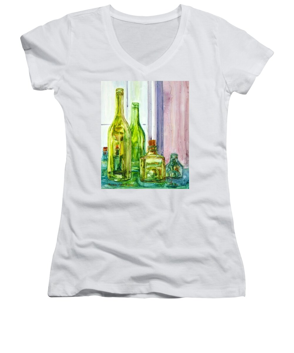 Bottle Women's V-Neck featuring the painting Bottles - Shades of Green by Anna Ruzsan