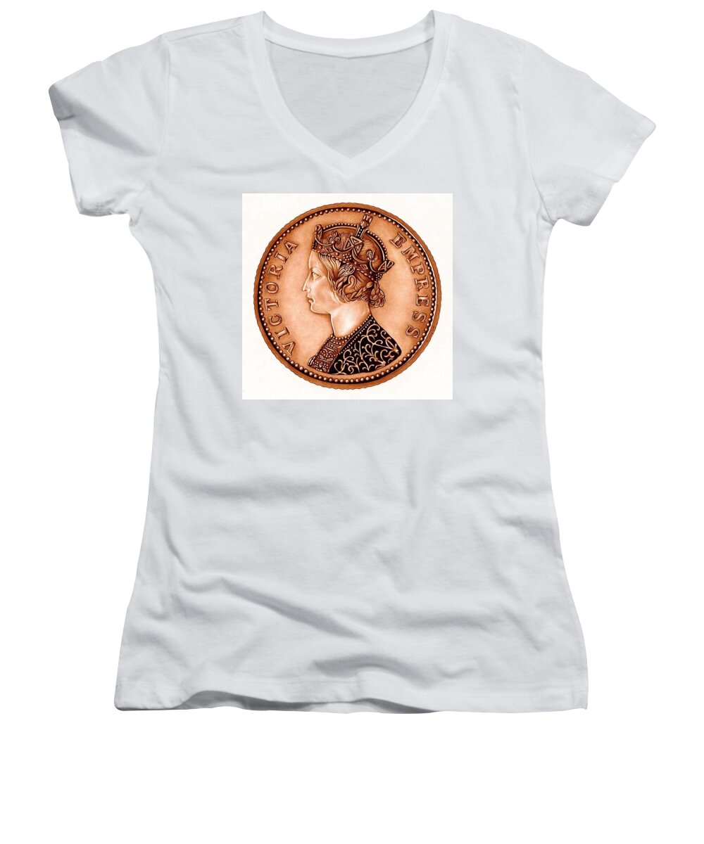 Coin Women's V-Neck featuring the drawing Bronze Empress Victoria by Fred Larucci