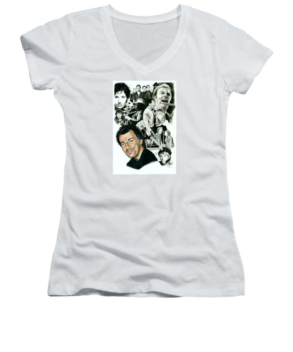 Bruce Springsteen Women's V-Neck featuring the painting Bruce Springsteen Through the Years by Ken Branch