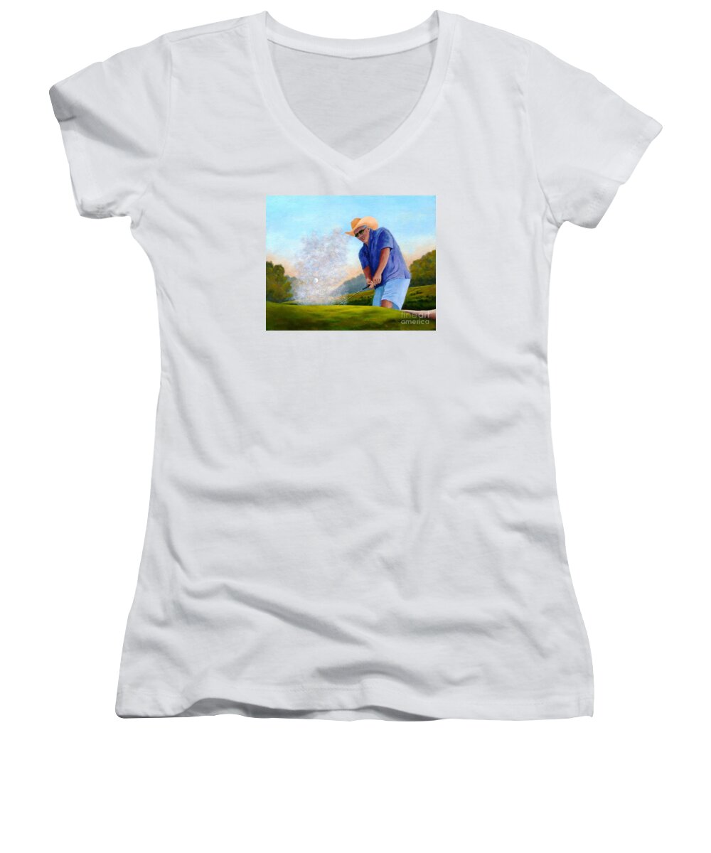 Golf Women's V-Neck featuring the painting Bunker Shot by Jerry Walker
