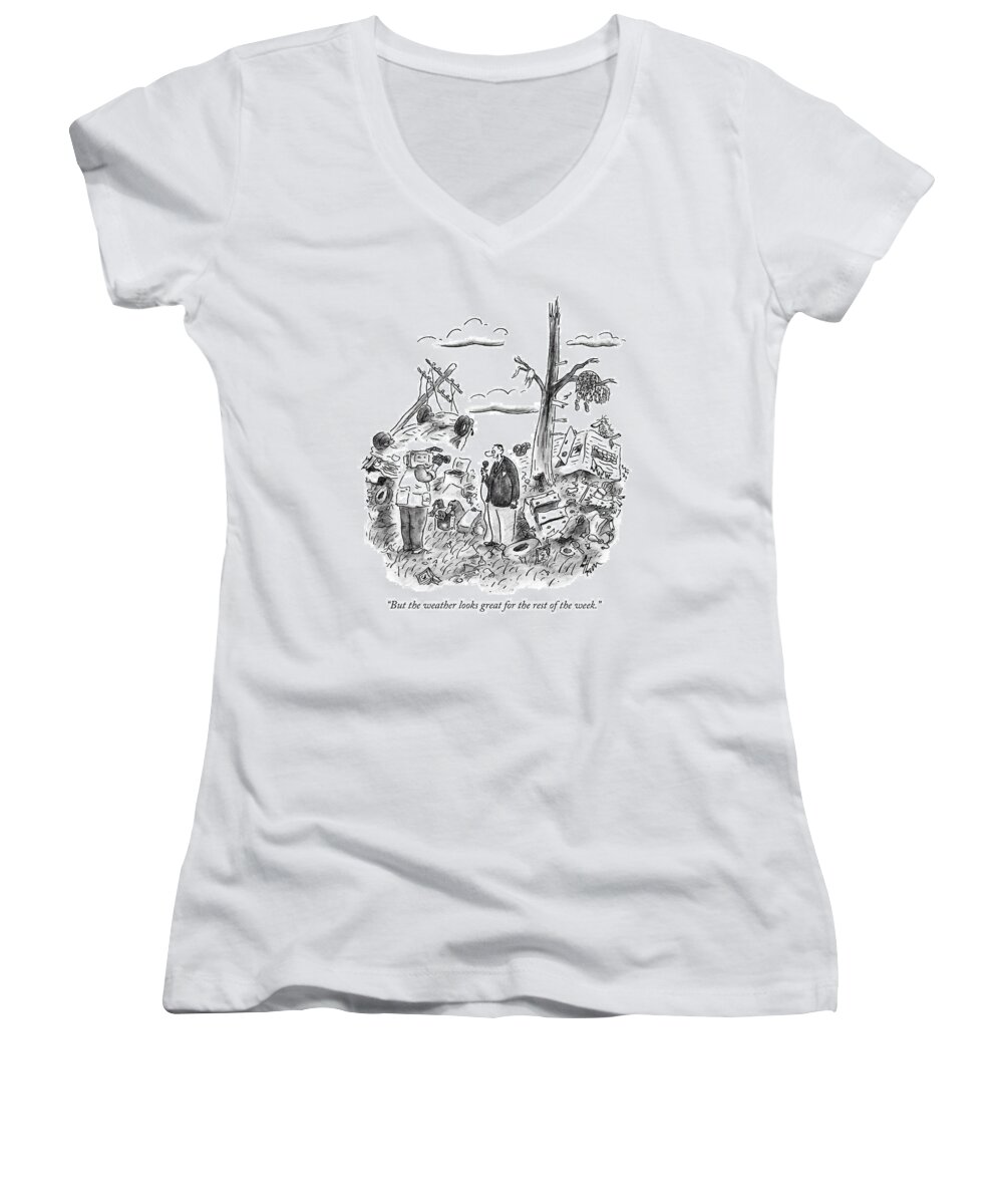 Problems Women's V-Neck featuring the drawing But The Weather Looks Great For The Rest by Frank Cotham
