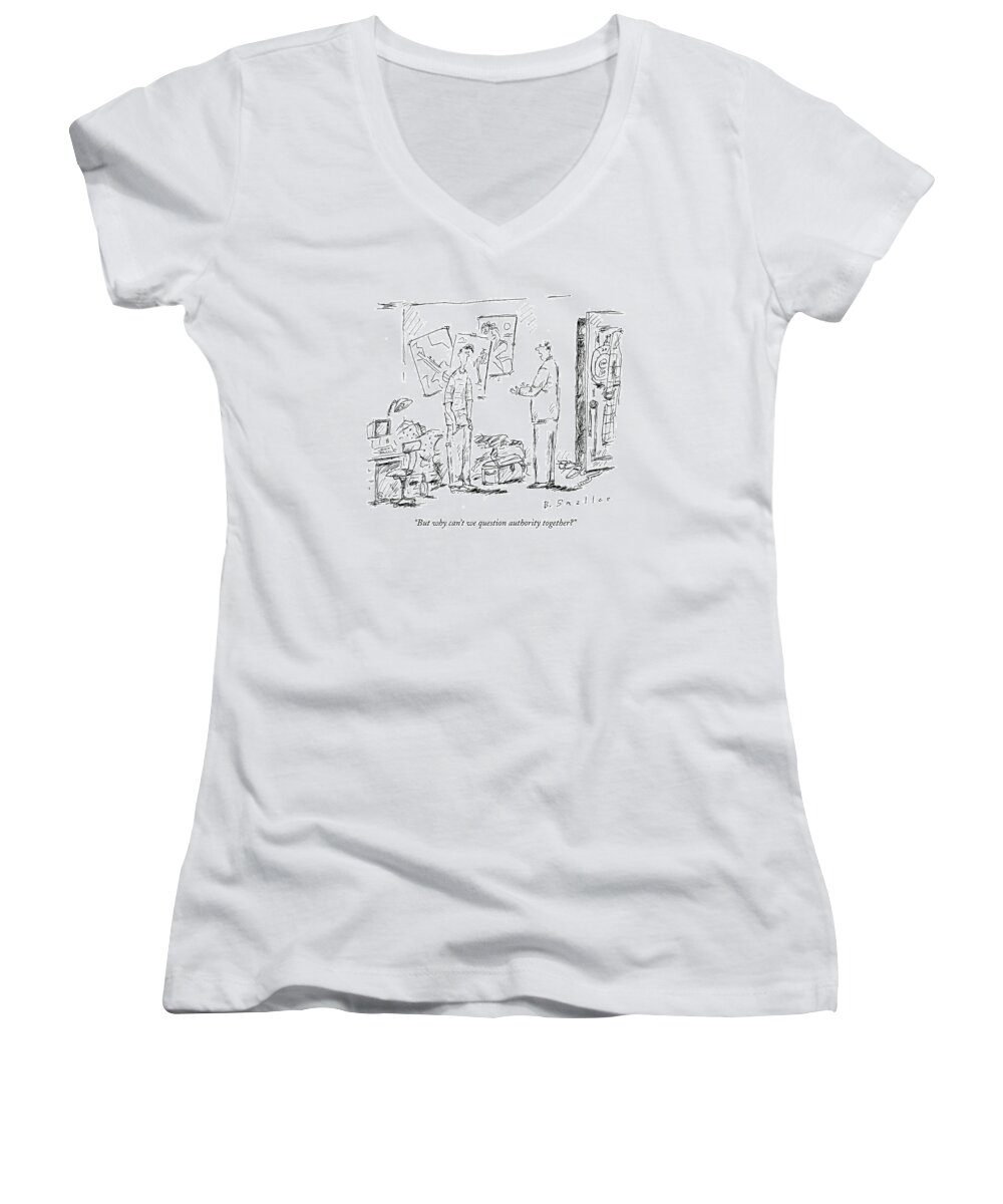 Authority Women's V-Neck featuring the drawing But Why Can't We Question Authority Together? by Barbara Smaller